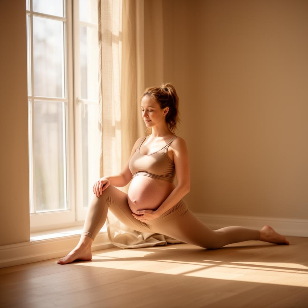 Femme enceinte en tenue de sport, en mouvement, lumière naturelle